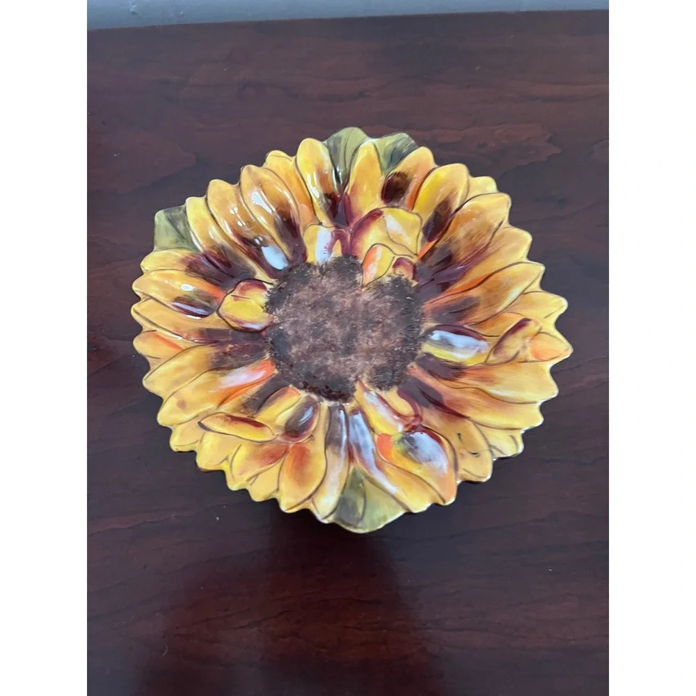 Clay‎ Art Ceramic Sunflower Bowl Hand Painted Yellow Brown Floral 5.5